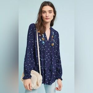 Anthropologie Vanessa Virginia Embellished Peasant Top | Navy Blue | Size 2